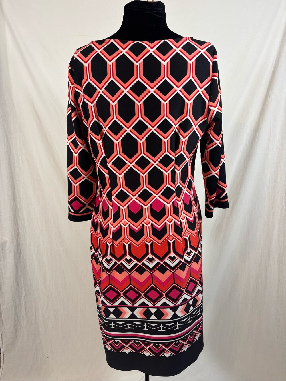 Nine West SZ14 Geometric Sheath Dress Retro Mod Op Art 3/4 Sleeve Stretch